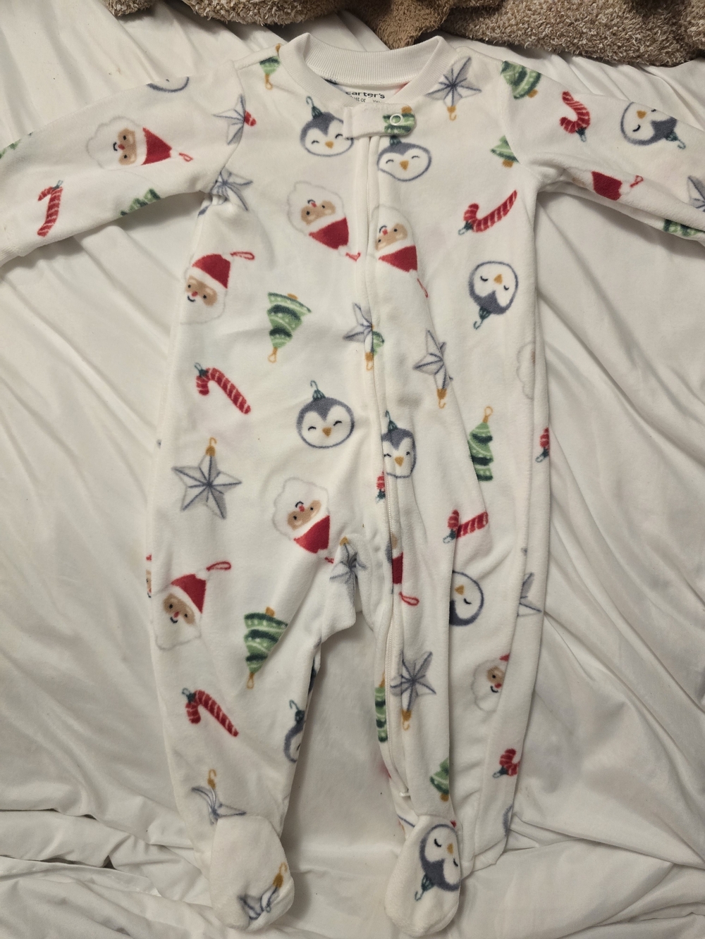 Carter's White Holiday Footed One-Piece with Santa, Penguin & Tree Prints